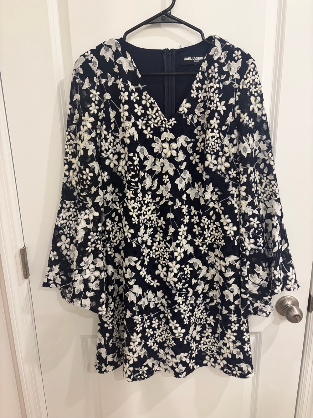 Karl Lagerfeld Navy Dress with White Floral‎ Lace Overlay